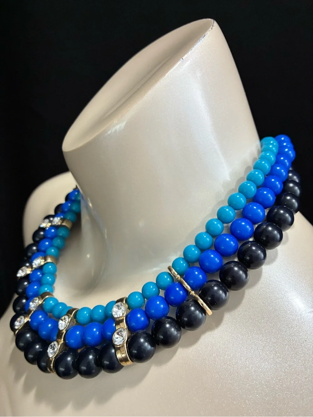 Triple-Strand Blue & Black Beaded Statement Party Necklace with Rhinestones EUC